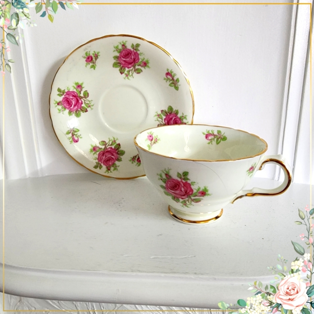 Vintage HM Sutherland Fine Bone China Tea Cup & Saucer pink Flowers